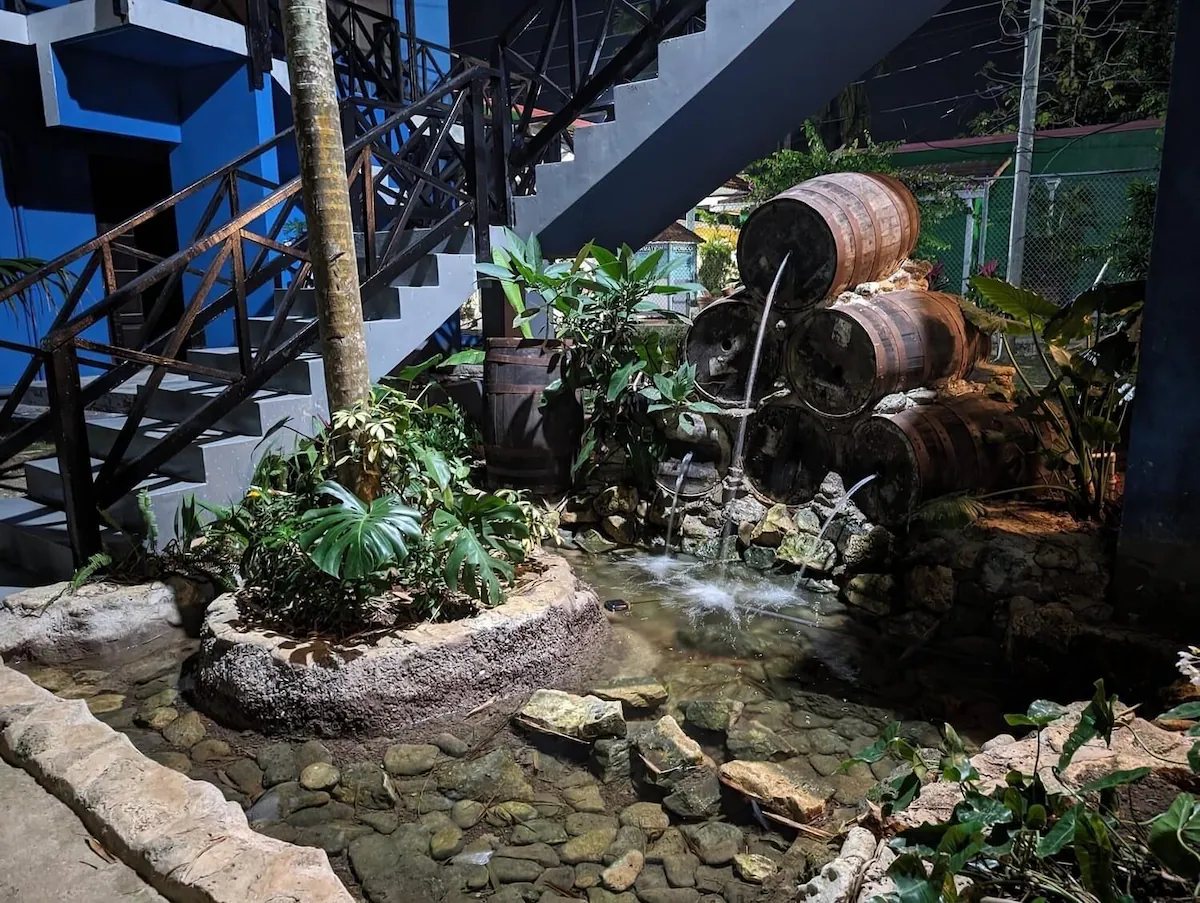 Rum barrel water feature in the resort garden