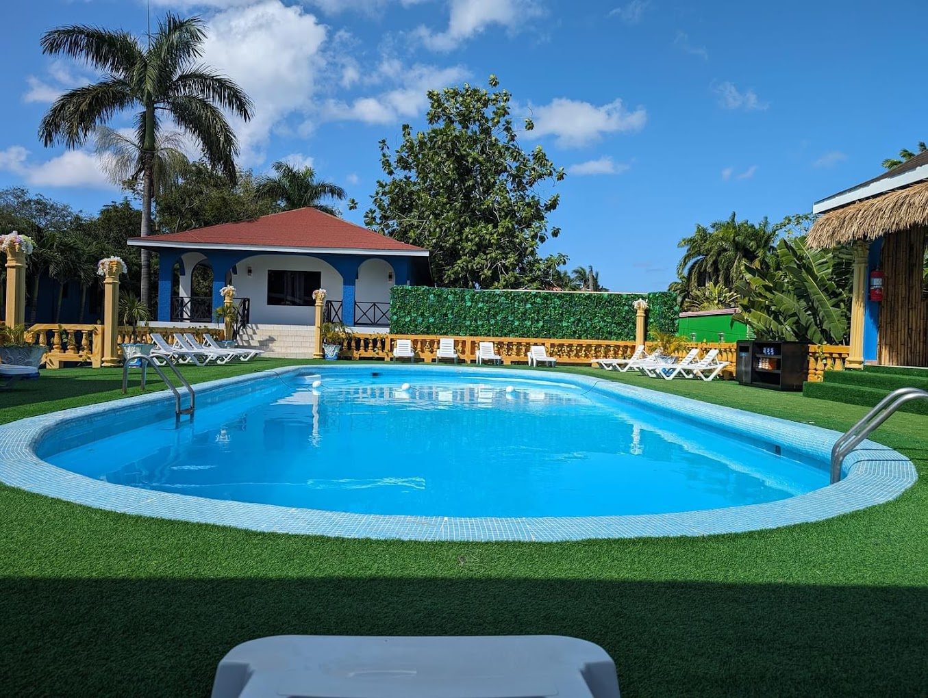 Pool and gazebo under palm trees at Rum Runners Resort